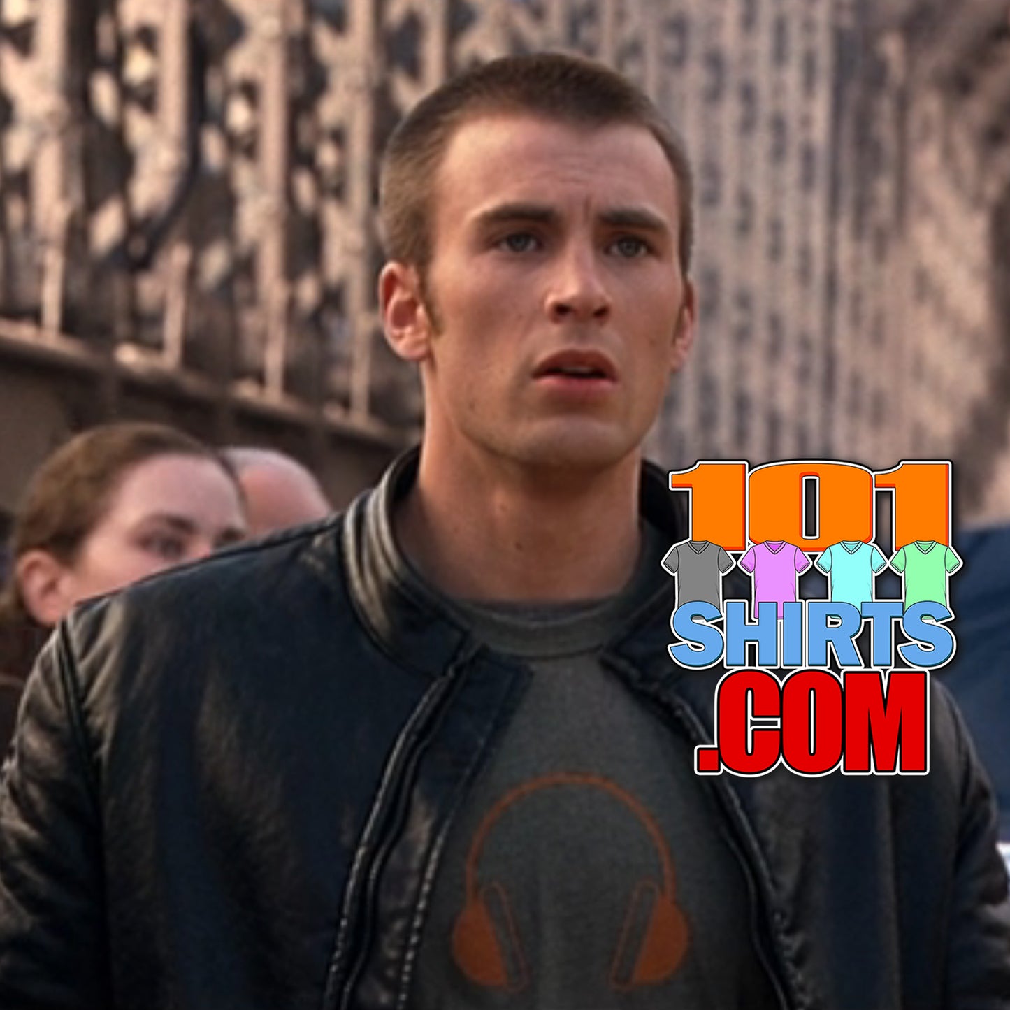 Fantastic Four Johnny Storm t-shirt worn under black leather jacket by man on city bridge