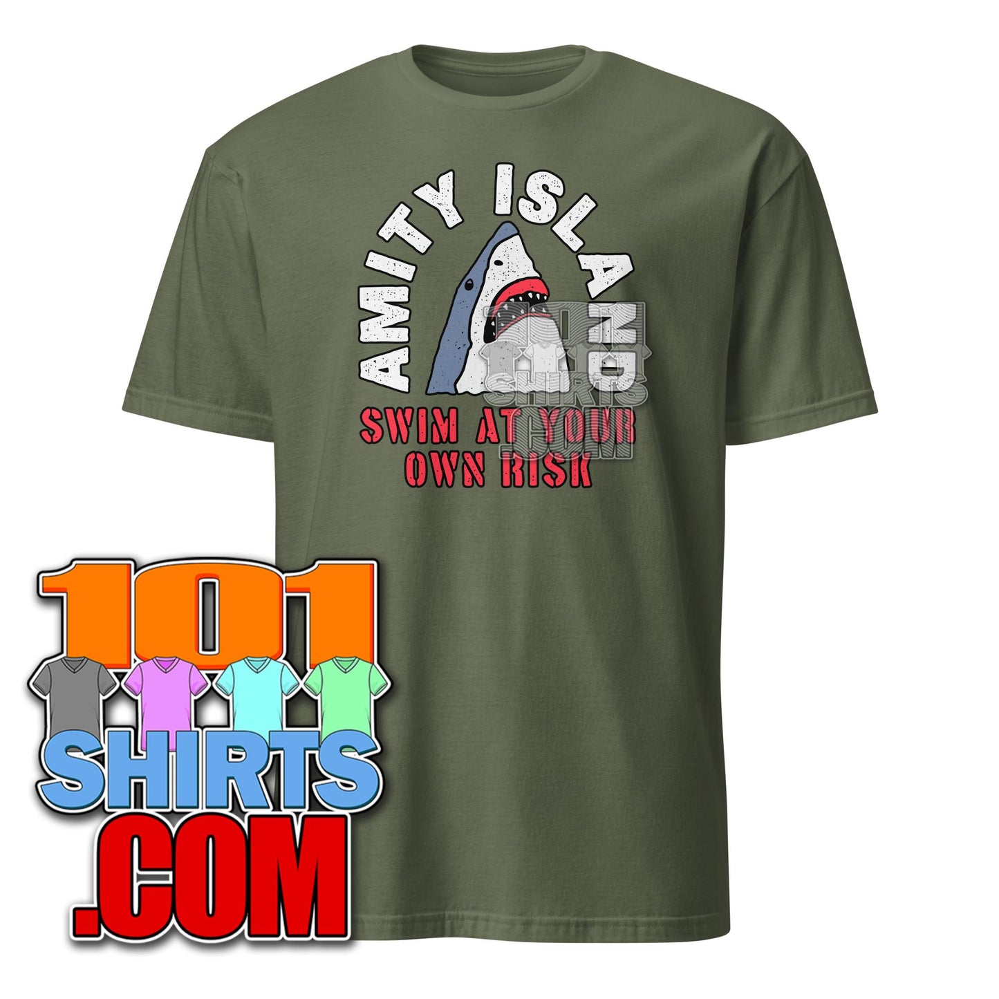 Green Jaws parody t-shirt from 101SHIRTS featuring Amity Island shark design and swim at your own risk text