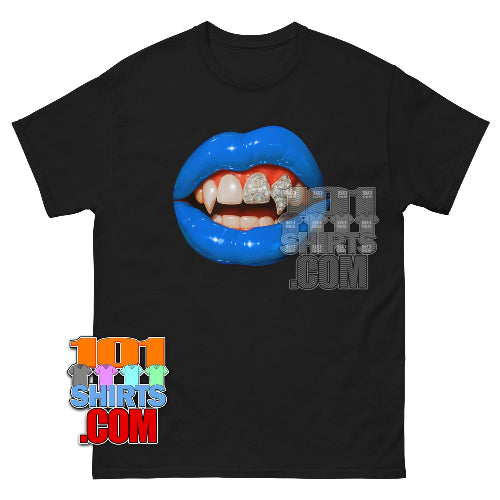 Blue Vampire Lips Grill T-Shirt | Edgy Fangs & Diamond Grills