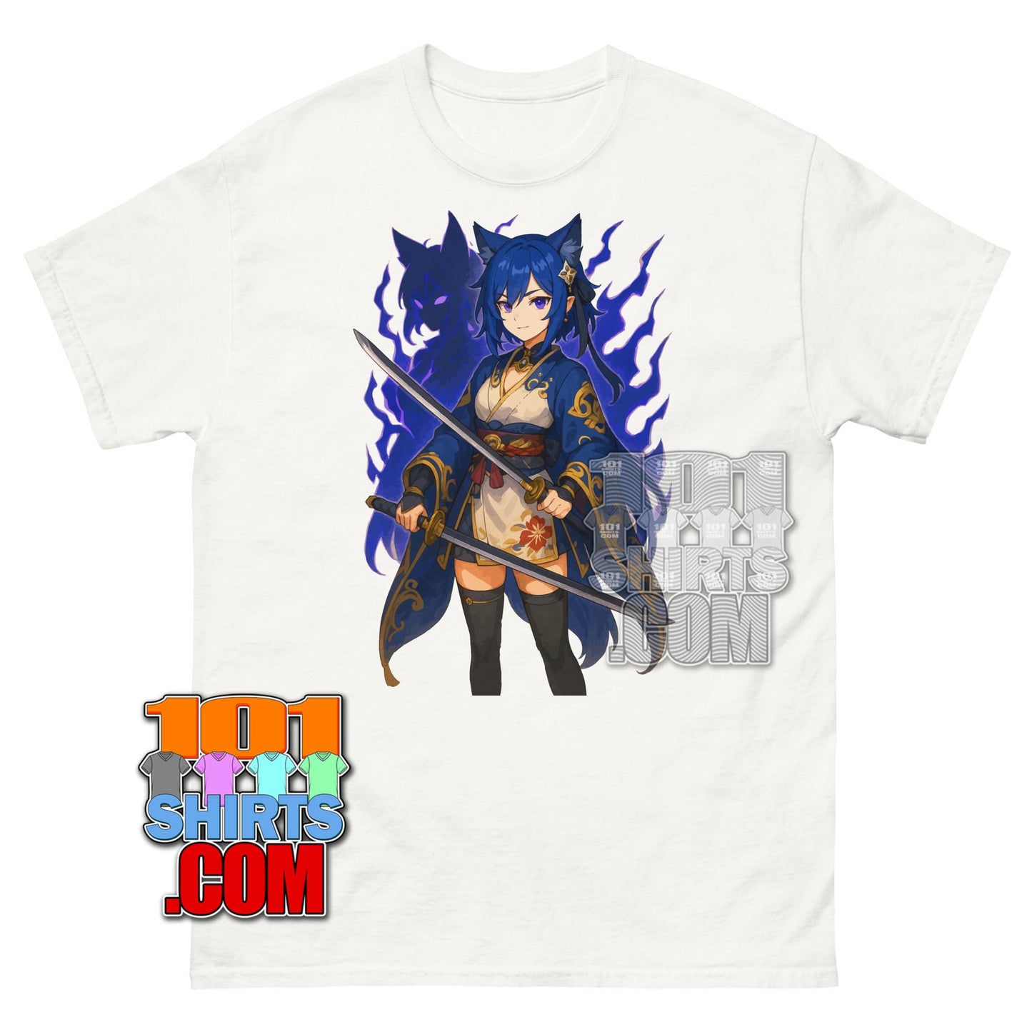 Dual Wielding Katana Anime Girl T-Shirt Mysterious Fox Spirit Warrior