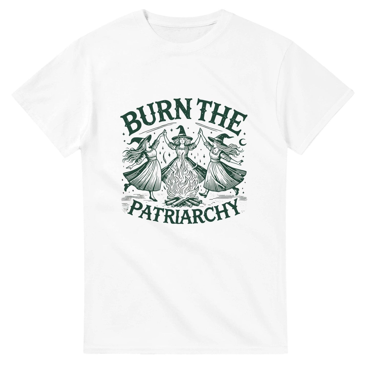 White 101SHIRTS burn the patriarchy shirt with witches dancing around a fire graphic