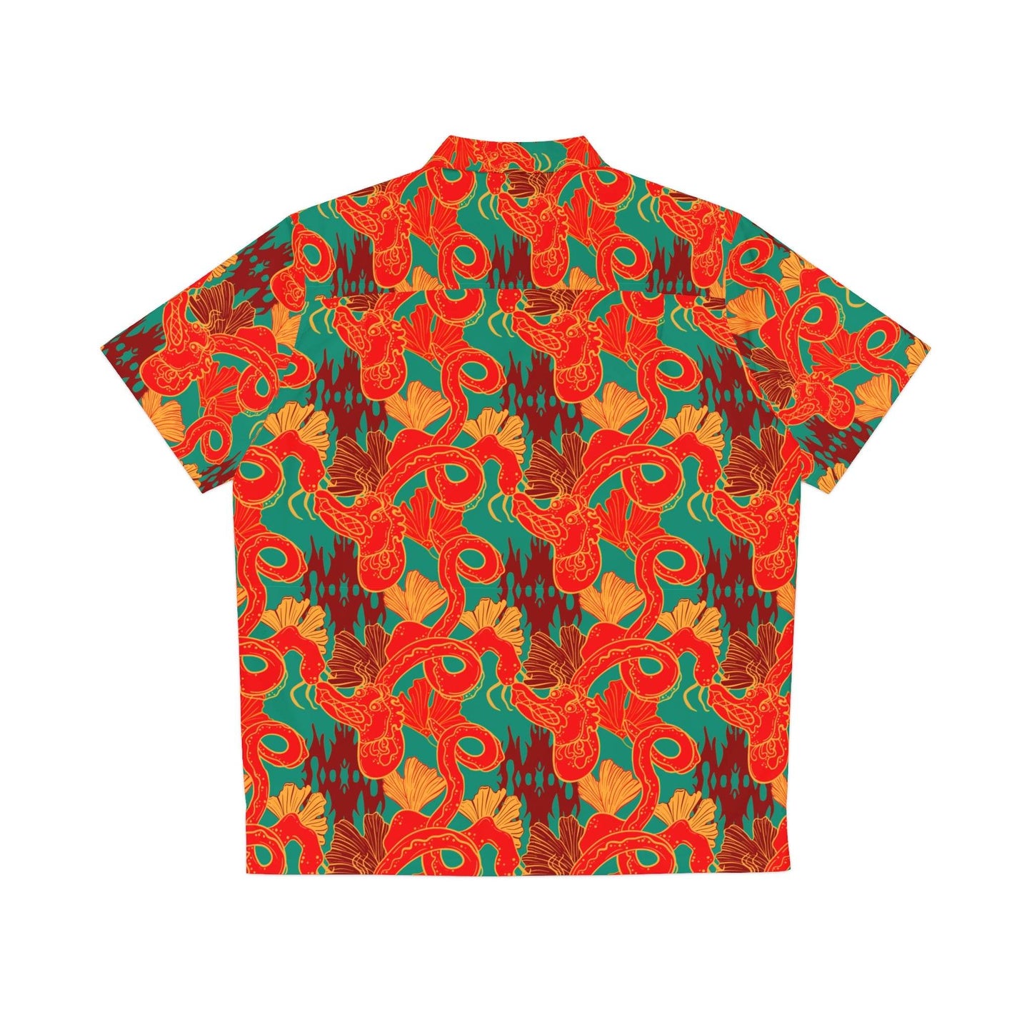 Printify Hawaii Hemd featuring vibrant red and orange Chinese dragon Hawaiian shirt design on green background