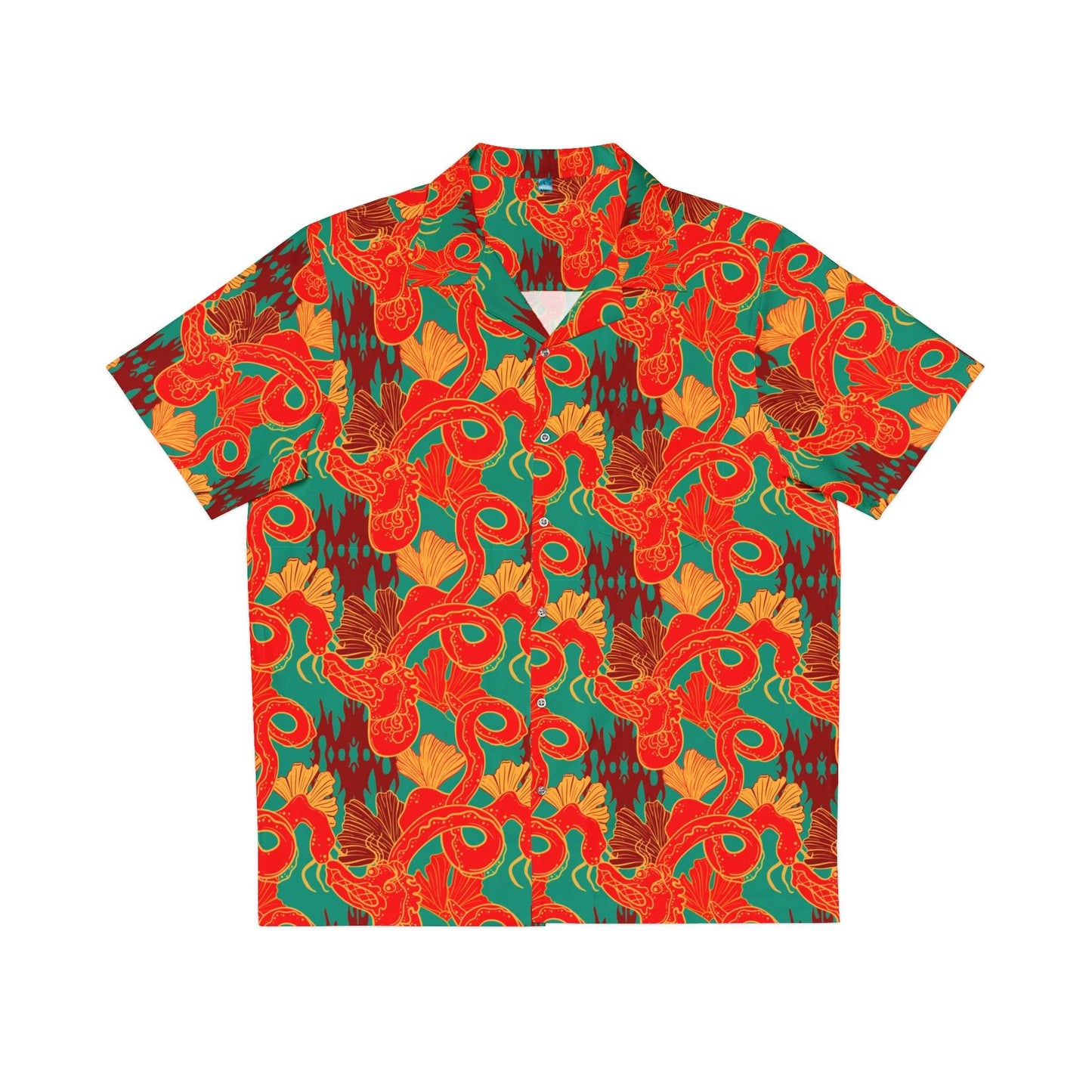 Printify Chinese dragon Hawaiian shirt in vibrant red and green with detailed dragon and floral patterns