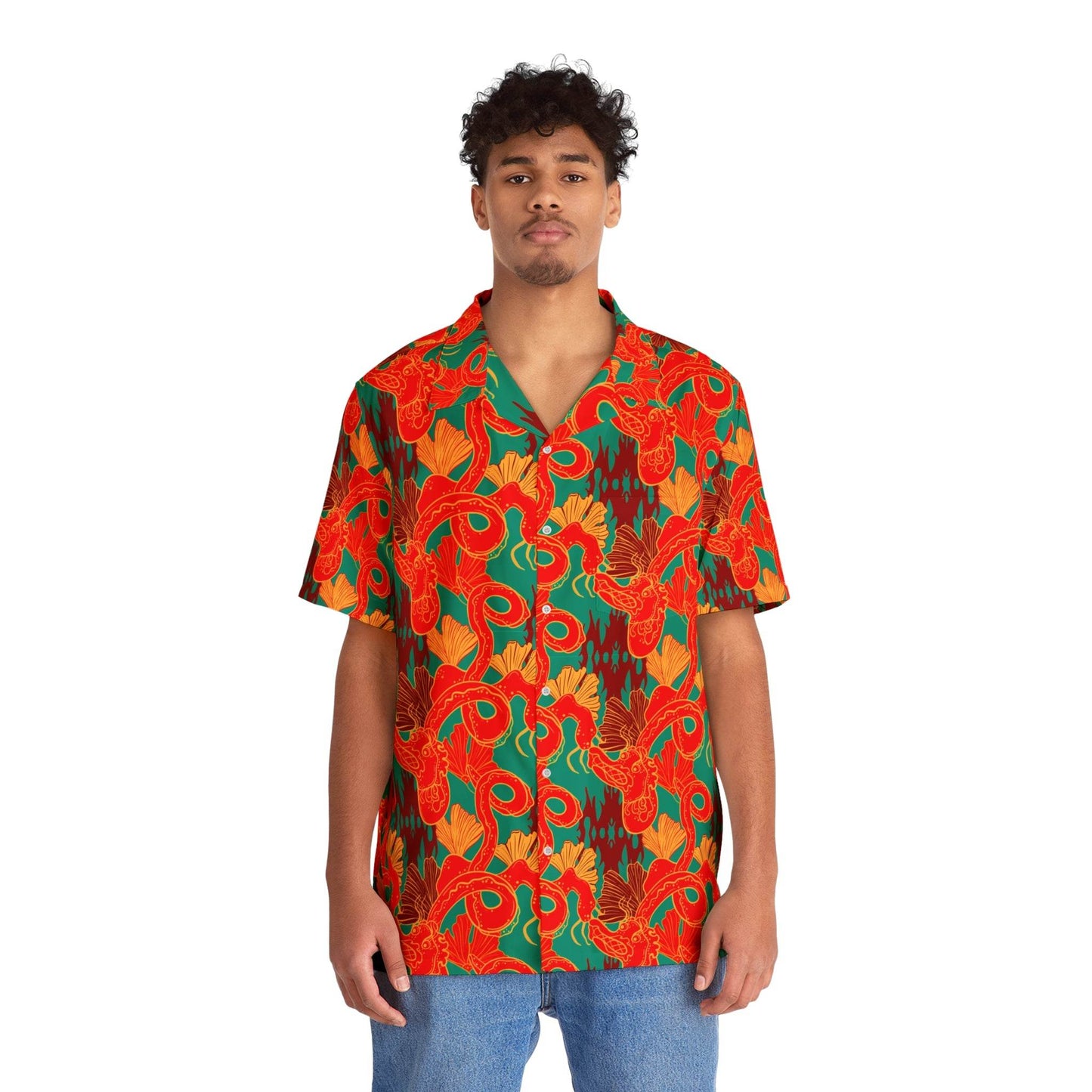 Chinese dragon Hawaiian shirt with vibrant red and green dragon print worn by man with short hair and blue jeans