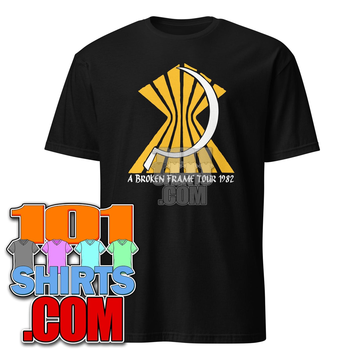 Black Depeche Mode A Broken Frame t-shirt with yellow and white graphic design from 101SHIRTS