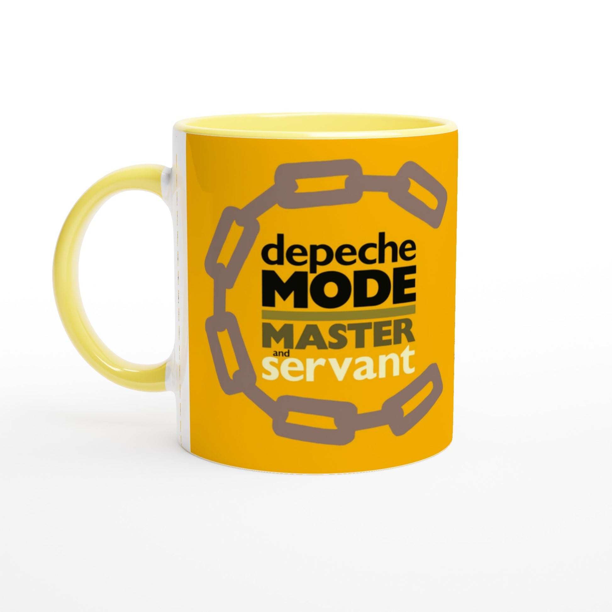 Master and Servant coffee Mug by 101SHIRTS with yellow handle and Depeche Mode design