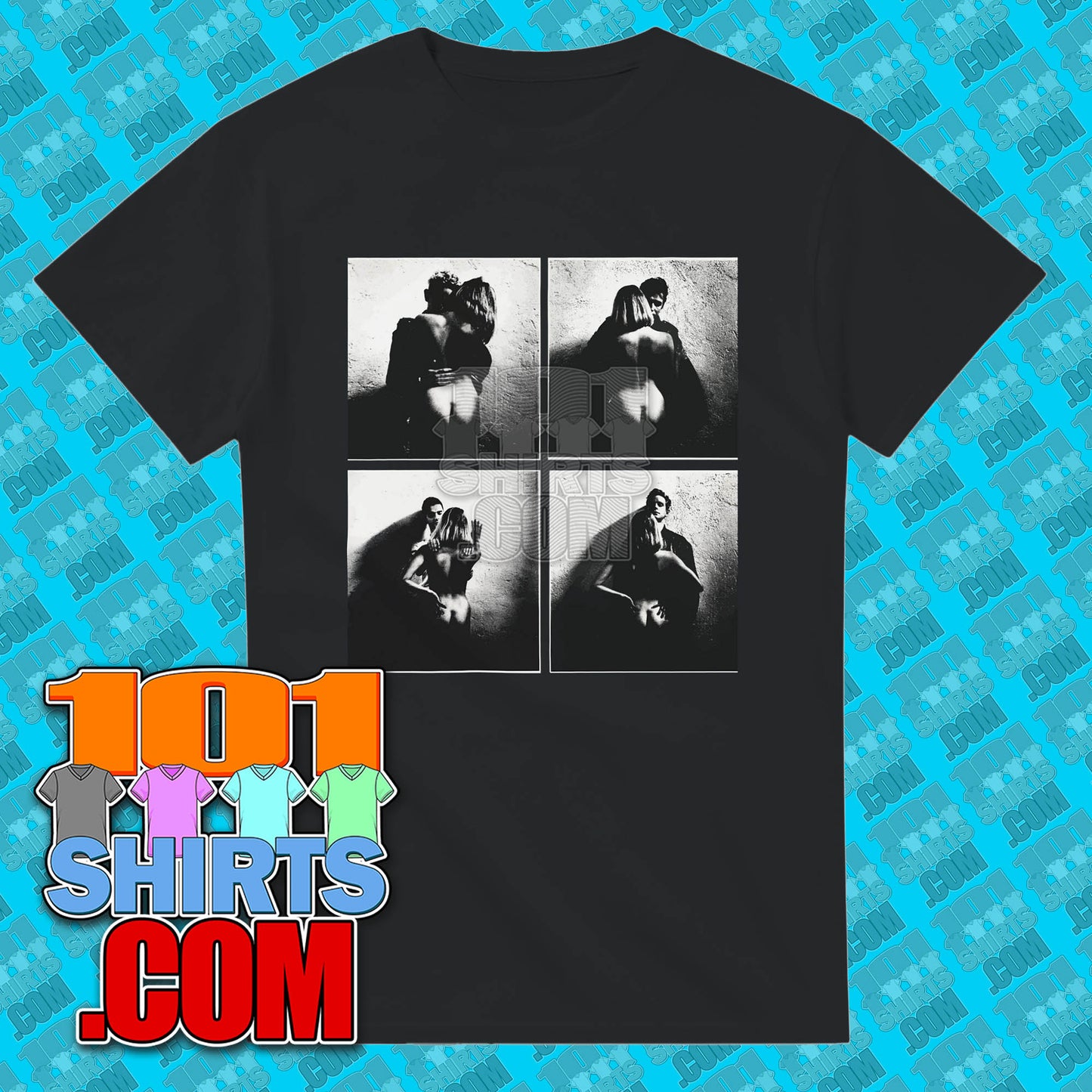 101SHIRTS Depeche Mode Personal Jesus T-Shirt featuring black and white photo grid design on a black tee