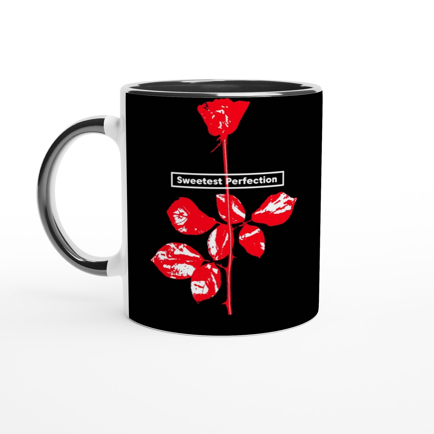 Depeche Mode Violator mug with red rose and Sweetest Perfection text on black background