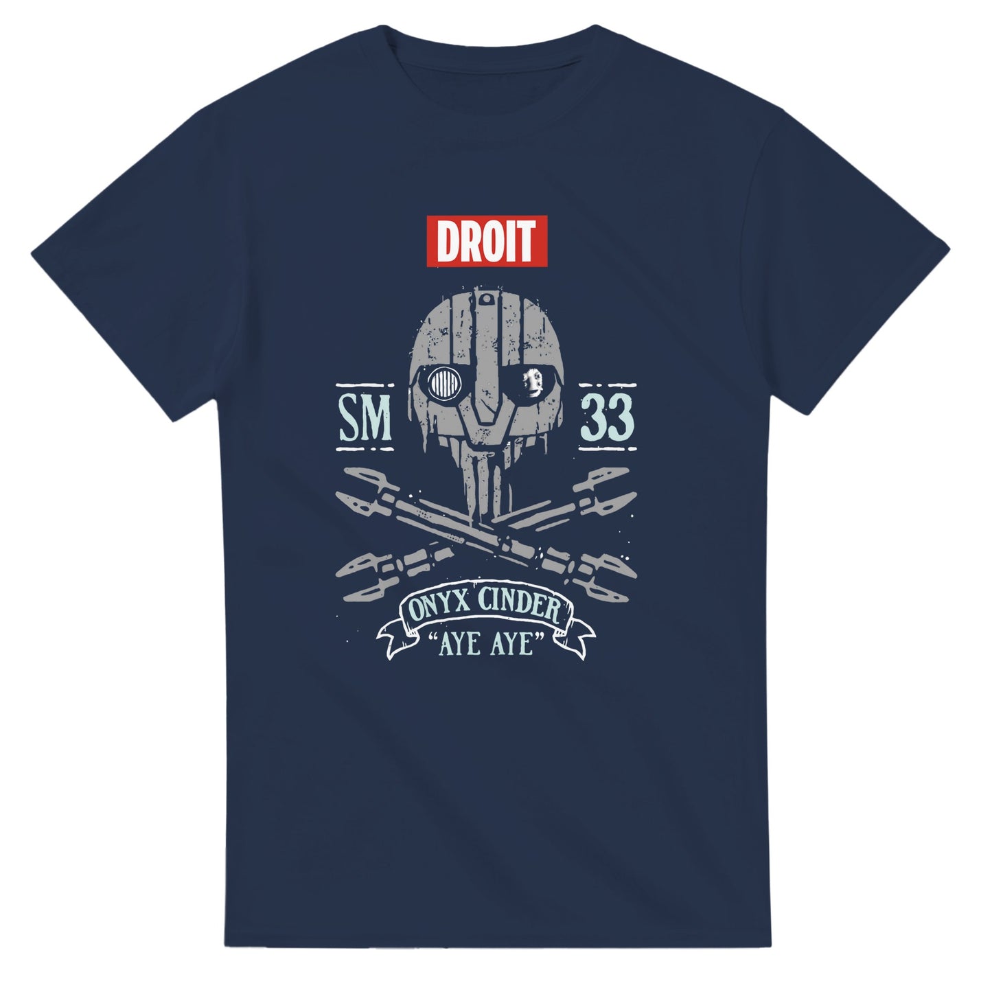 Navy blue Star Wars skeleton shirt with droid skull graphic and crossed blasters design