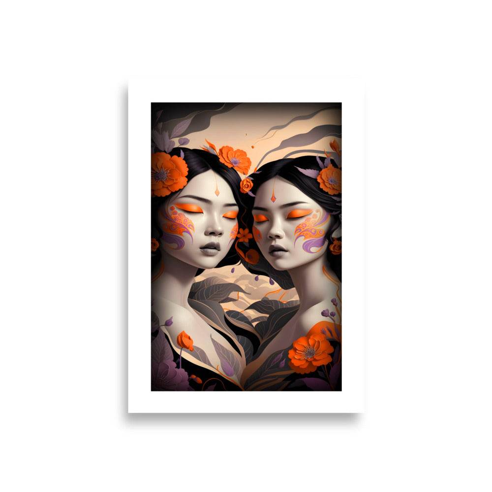 Two Asian Woman with Red Flowers Painting Illustration Art Print Poster A1 23.3″×33.1″ - 101SHIRTS
