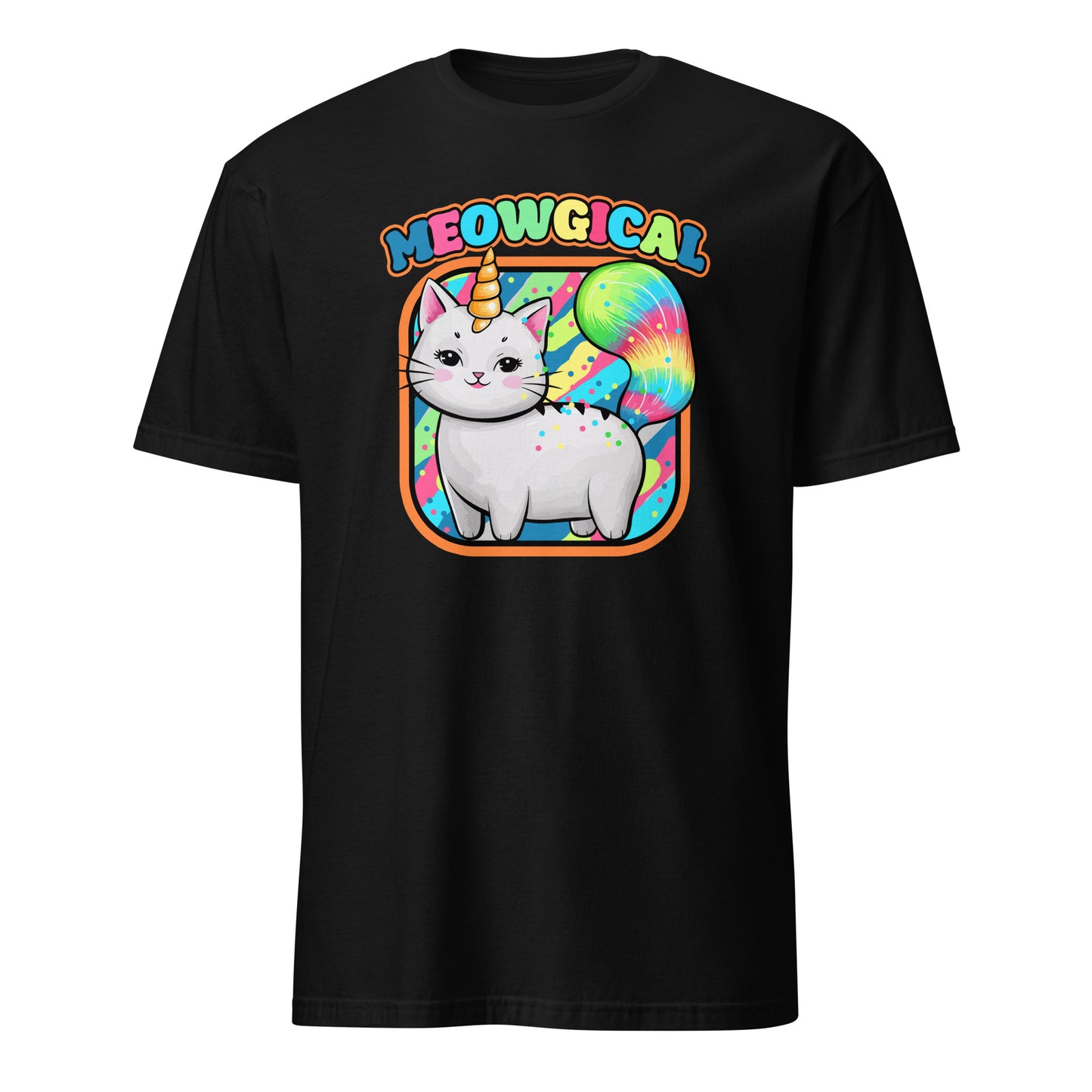 101SHIRTS black funny cat unicorn t-shirt with colorful meowgical cat design and rainbow tail