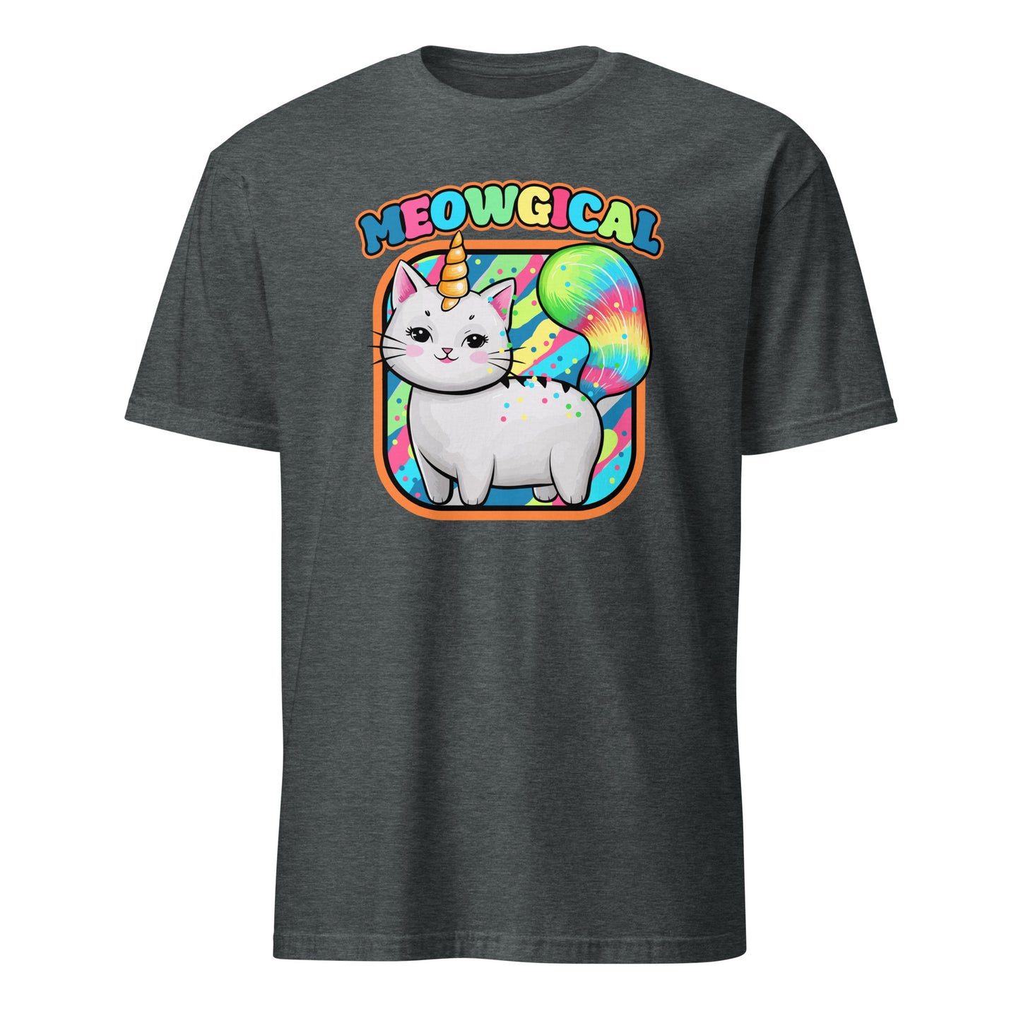 Funny cat unicorn t-shirt by 101SHIRTS featuring a colorful meowgical cat with a rainbow tail and horn