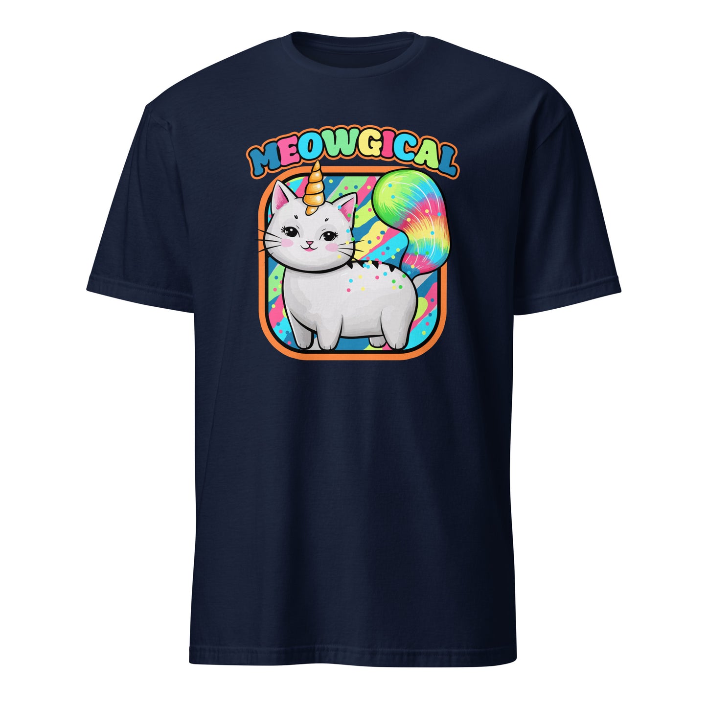 Navy 101SHIRTS funny cat unicorn t-shirt with colorful meowgical cat and rainbow tail design