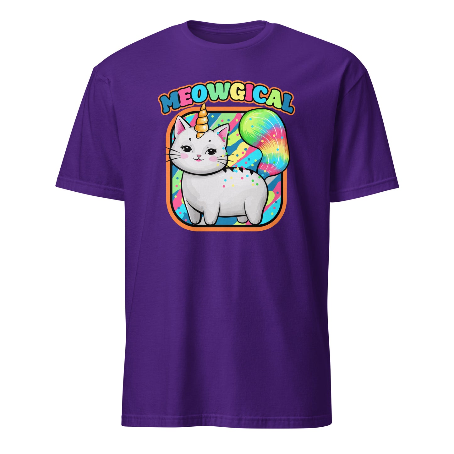 Purple funny cat unicorn t-shirt with colorful unicorn cat graphic and Meowgical text