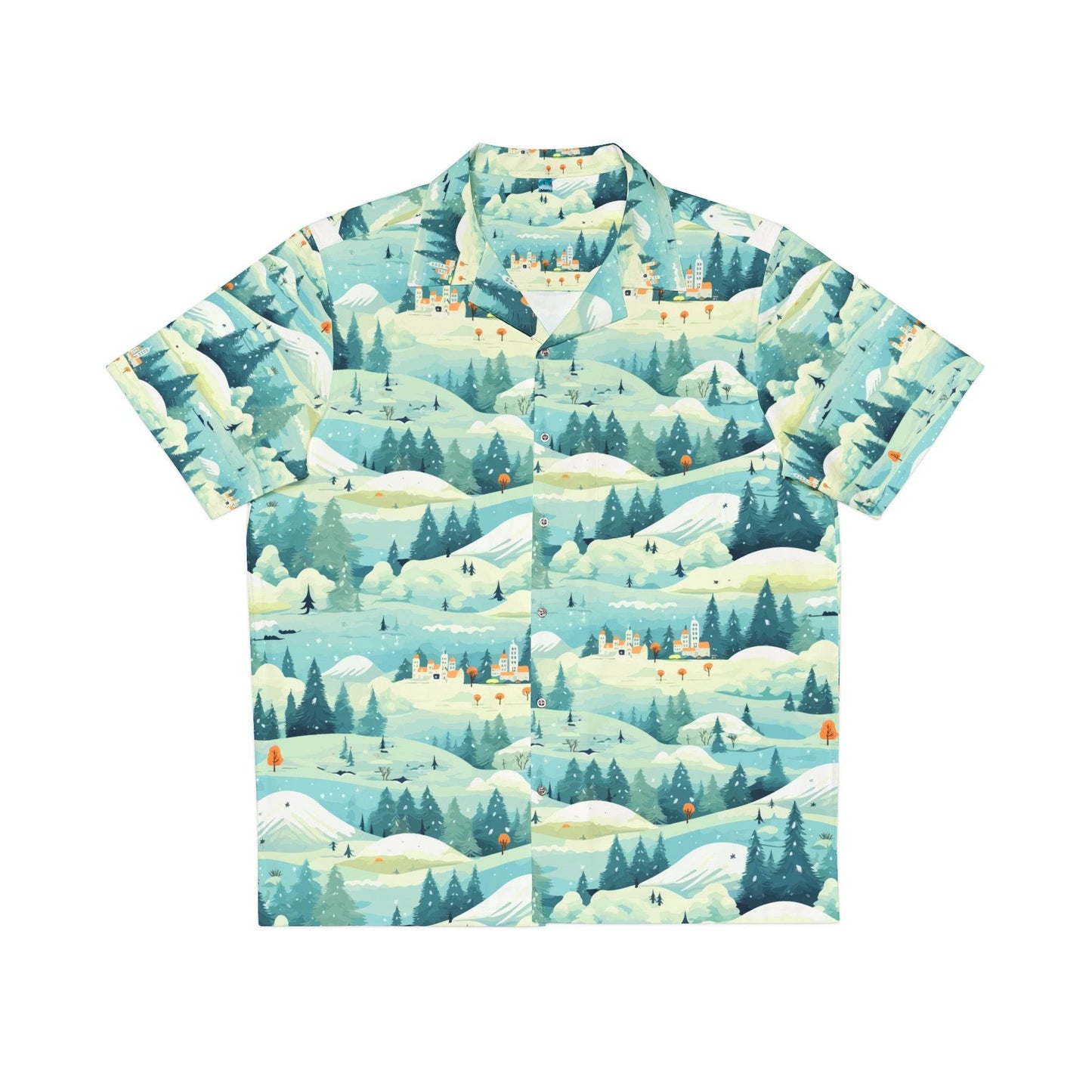 Printify funny Christmas Hawaiian shirt featuring a winter landscape with snowy mountains and trees