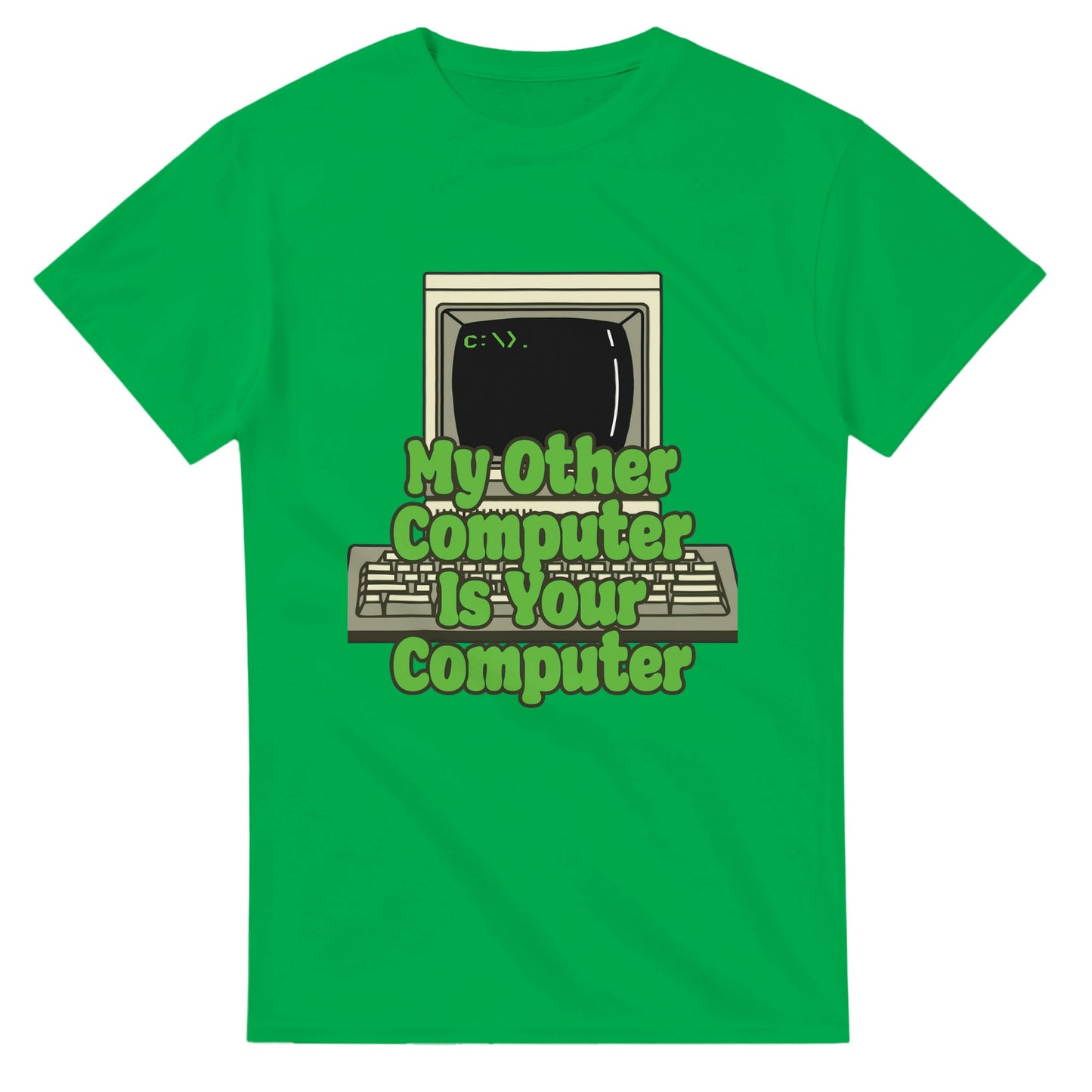 Green funny hacker t shirt from 101SHIRTS with vintage computer and humorous text design