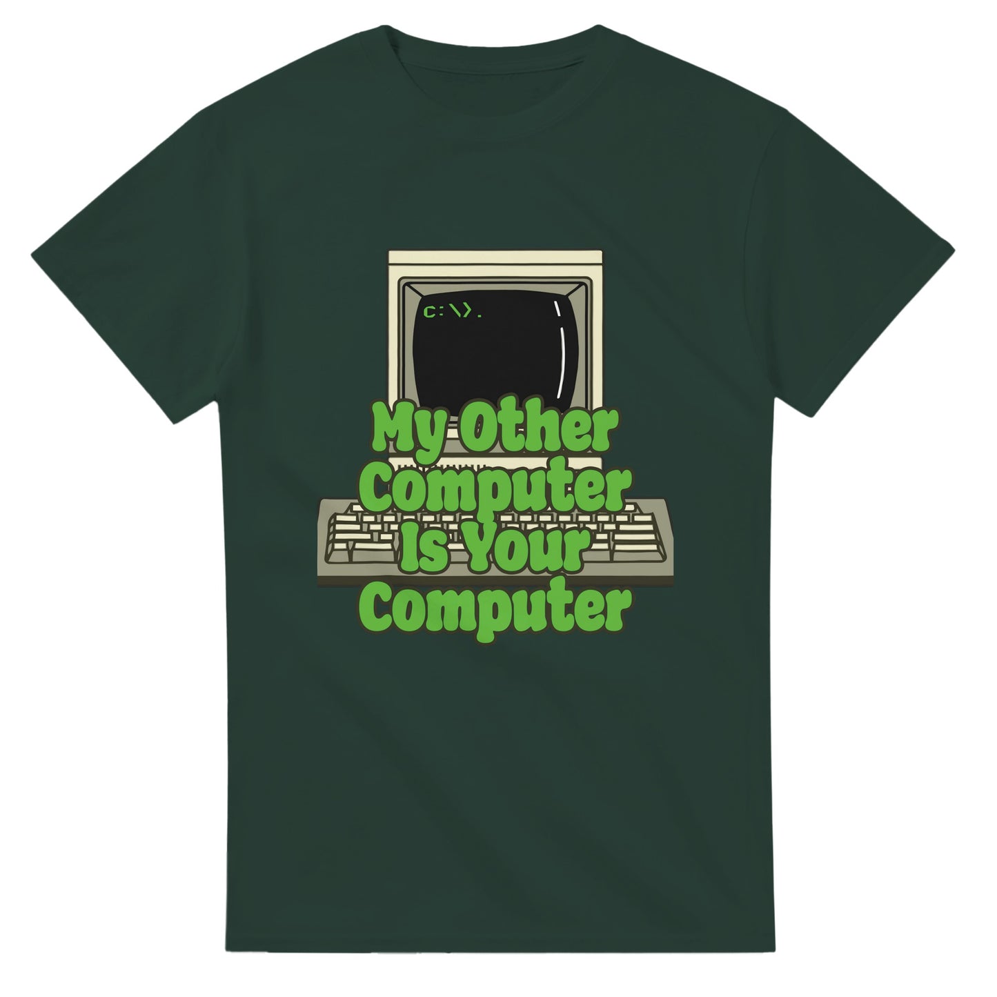 Funny hacker t shirt with retro computer graphic and green text on dark green 101SHIRTS tee