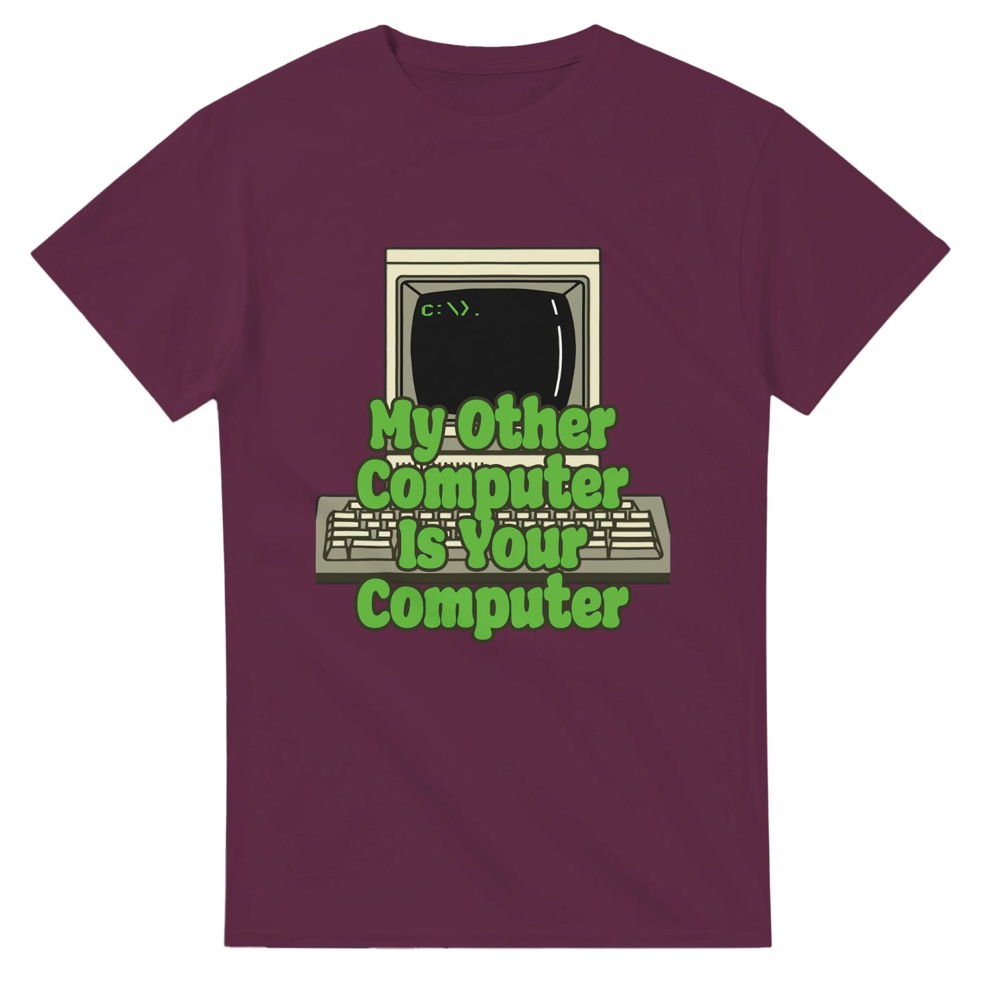 101SHIRTS funny hacker t shirt with vintage computer graphic and green text on maroon fabric