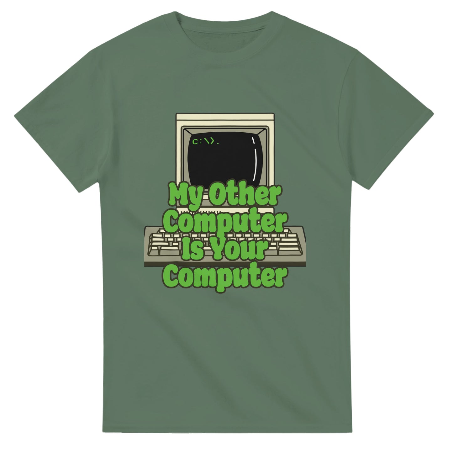 Funny hacker t shirt by 101SHIRTS with retro computer and green text design on olive green tee