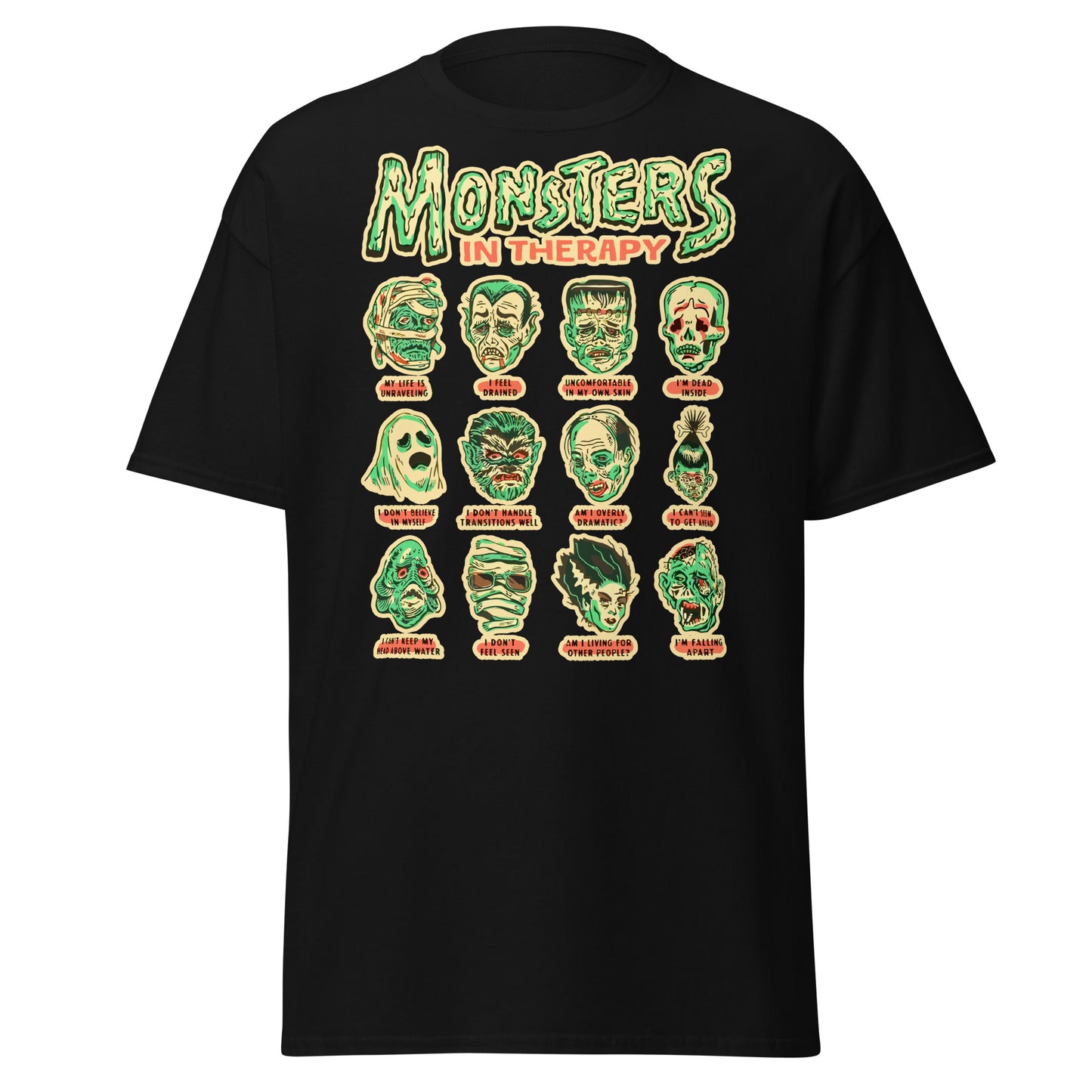 101SHIRTS funny Halloween movie monster shirt with cartoon monster faces and therapy theme on black T-shirt
