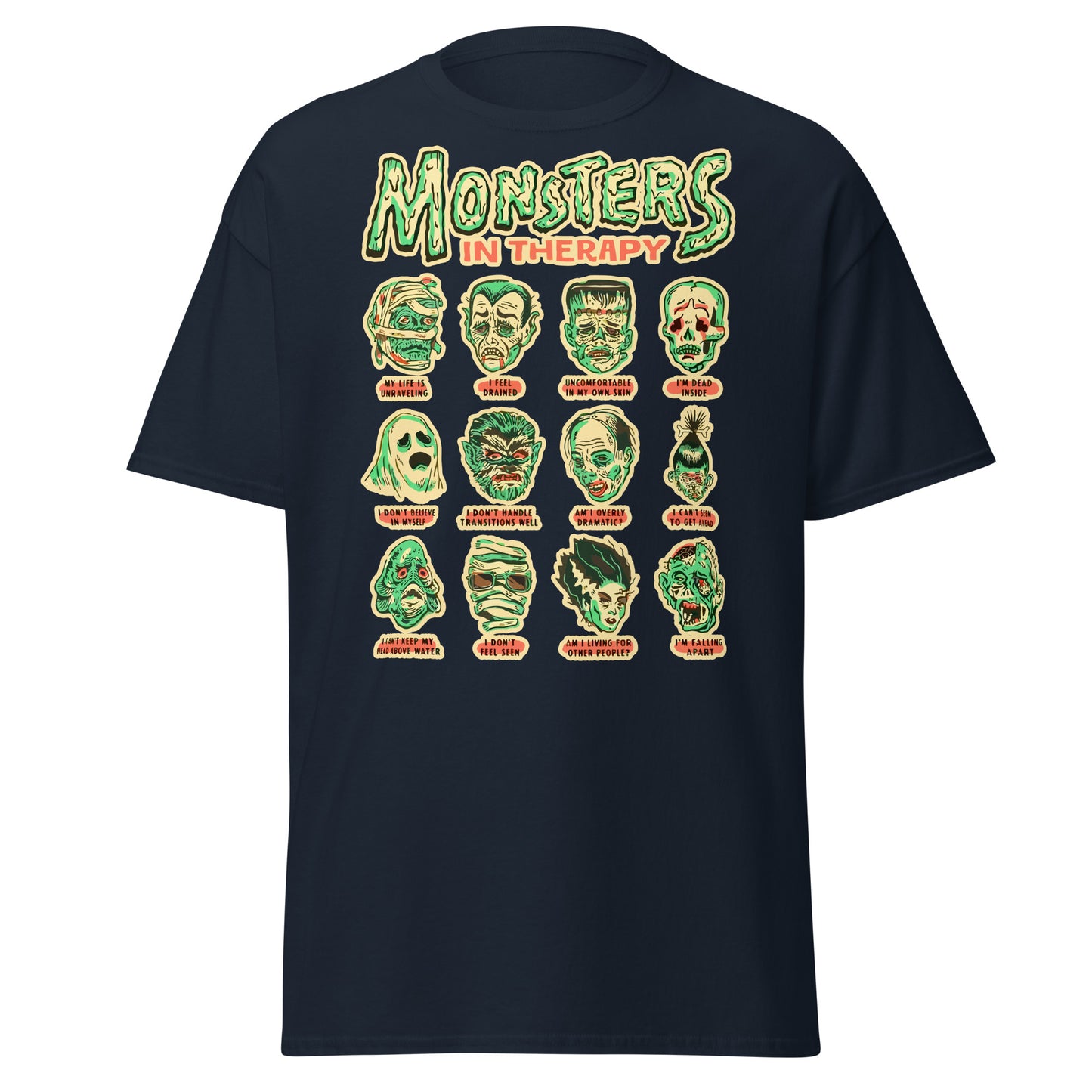 Funny Halloween movie monster shirt featuring classic horror characters in therapy on black tee by 101SHIRTS