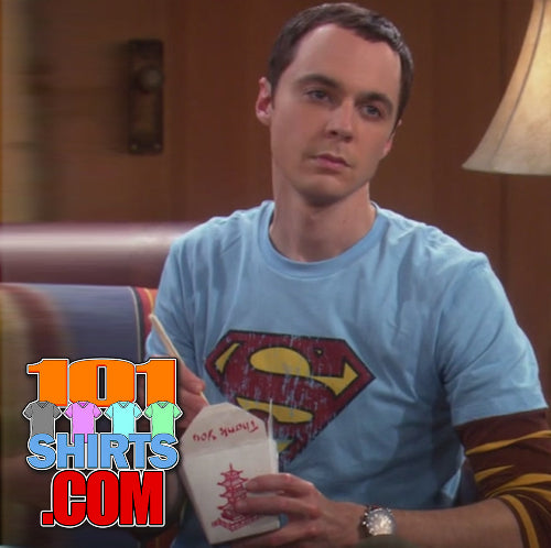 he Big Bang Theory Sheldon Cooper Light Blue Distressed Superman Shield T-Shirt