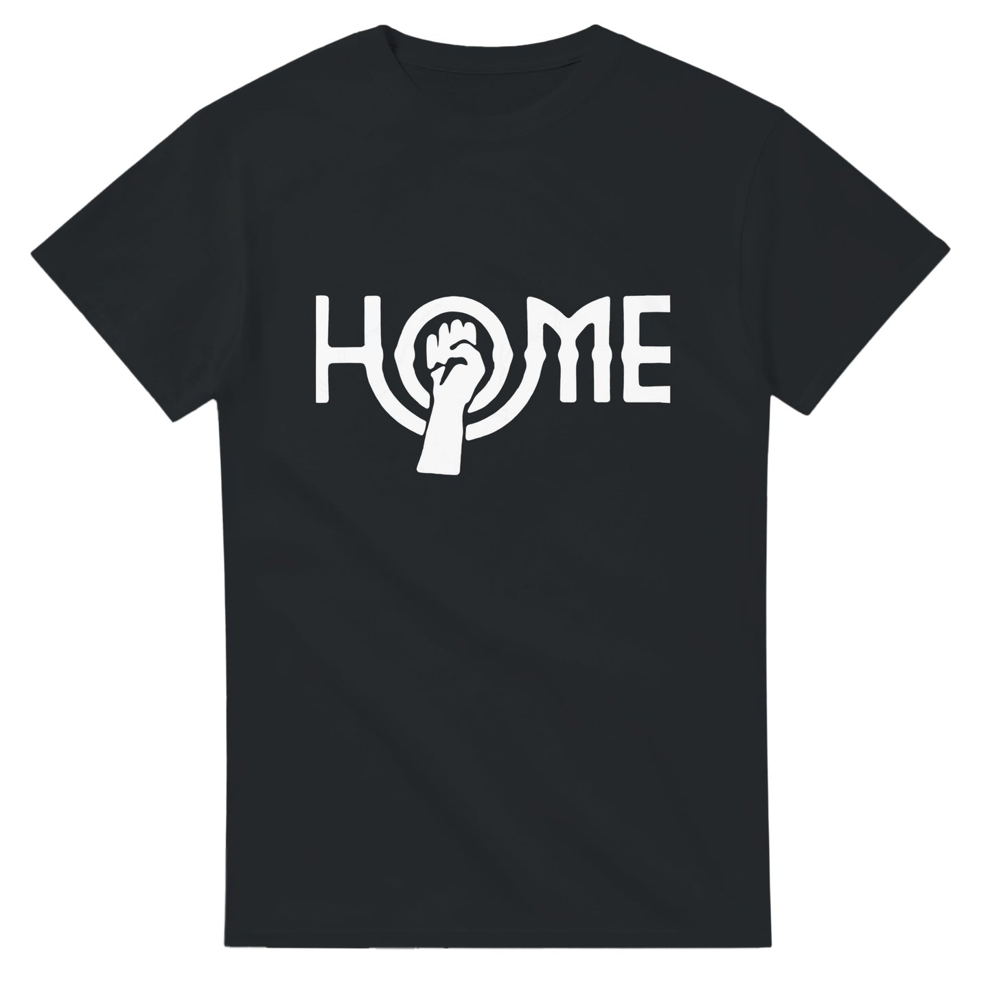 Black John Lennon solidarity t-shirt from 101SHIRTS with white HOME graphic and raised fist design