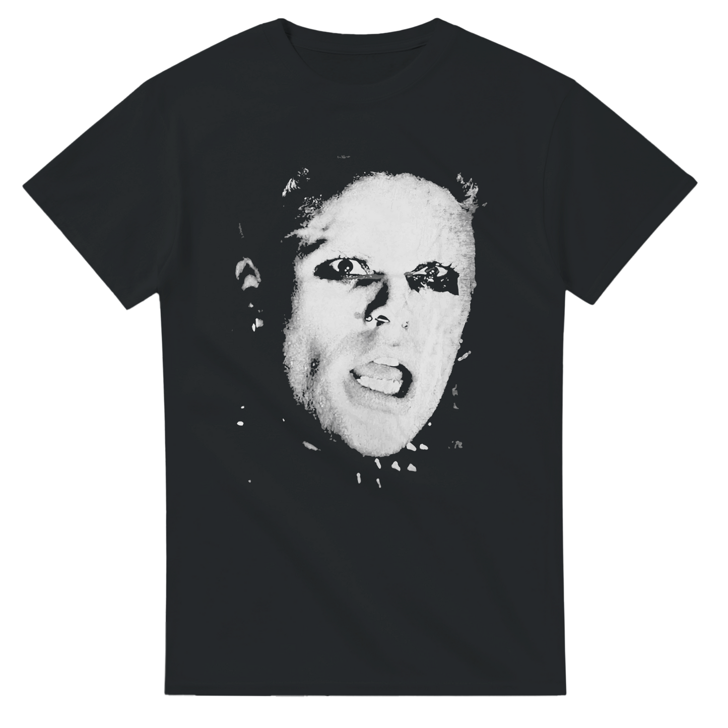Black Keith Flint The Prodigy band t-shirt with a white graphic print of Keith Flint's face