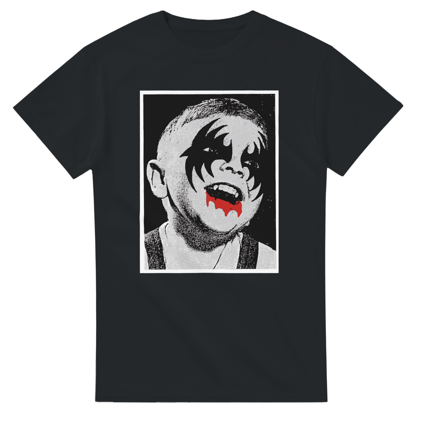 101SHIRTS black KISS Gene Simmons kid t-shirt with child face makeup and red tongue graphic