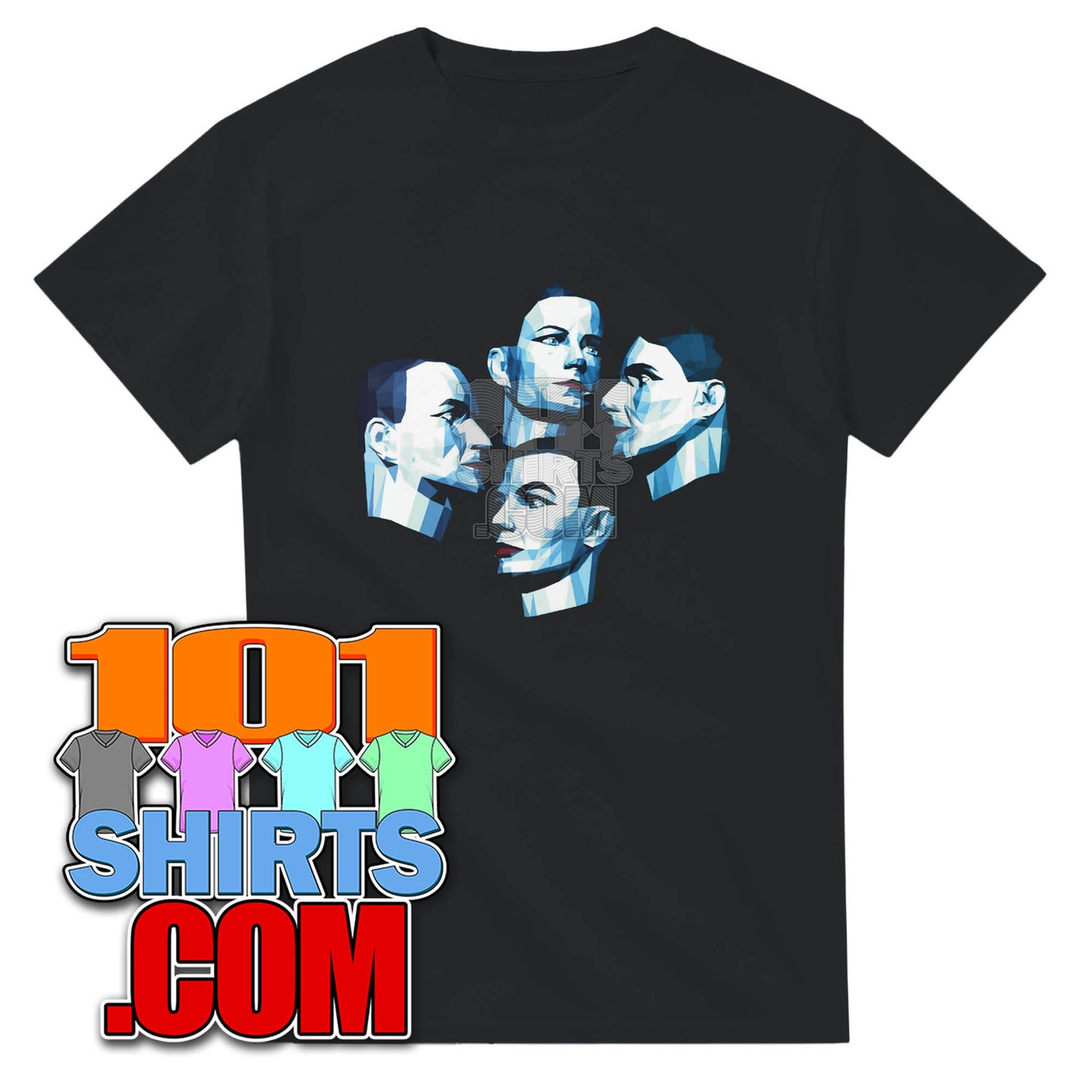 Black Kraftwerk Electric Cafe t-shirt featuring stylized blue and white faces graphic by 101SHIRTS