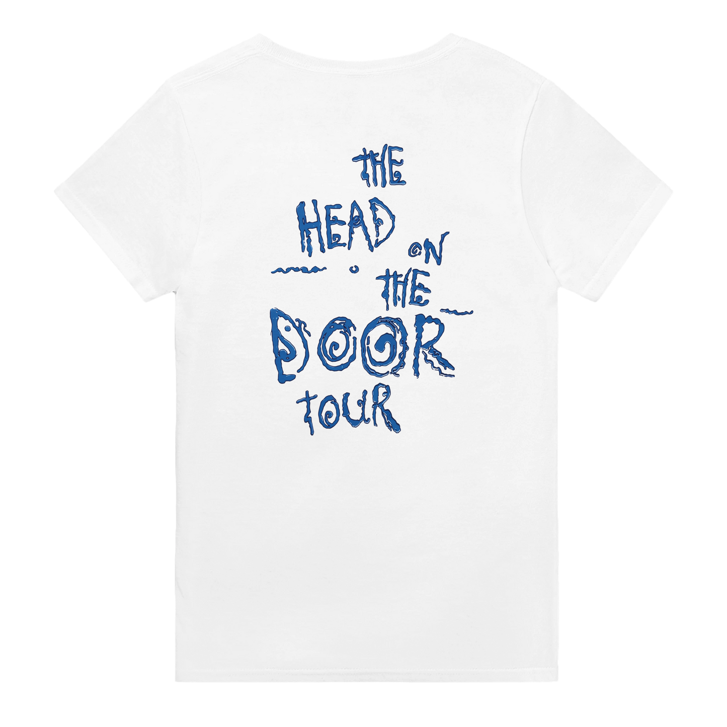 White The Cure concert t-shirt featuring blue text graphic The Head on the Door Tour on back