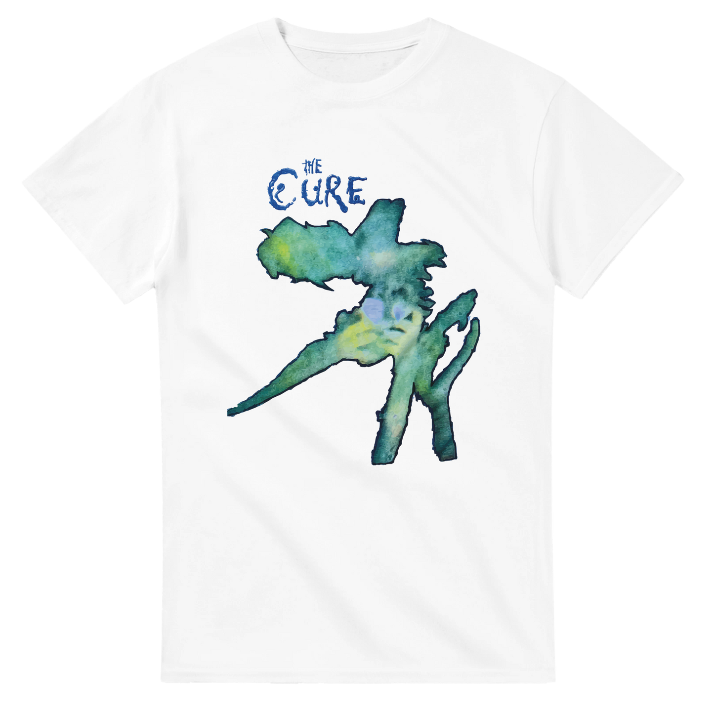 White 101SHIRTS The Cure concert t-shirt with artistic blue and green graphic design