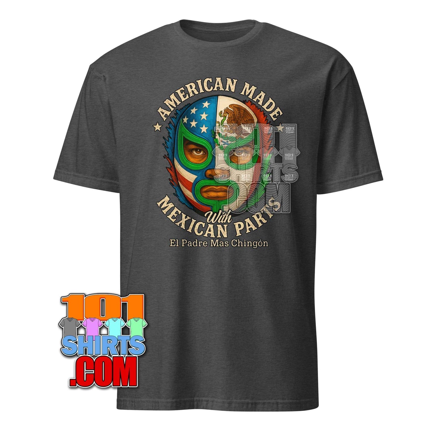 American Made with Mexican Parts Lucha Libre Mask T-Shirt - Patriotic USA Mexico Wrestling Tee - 101SHIRTS