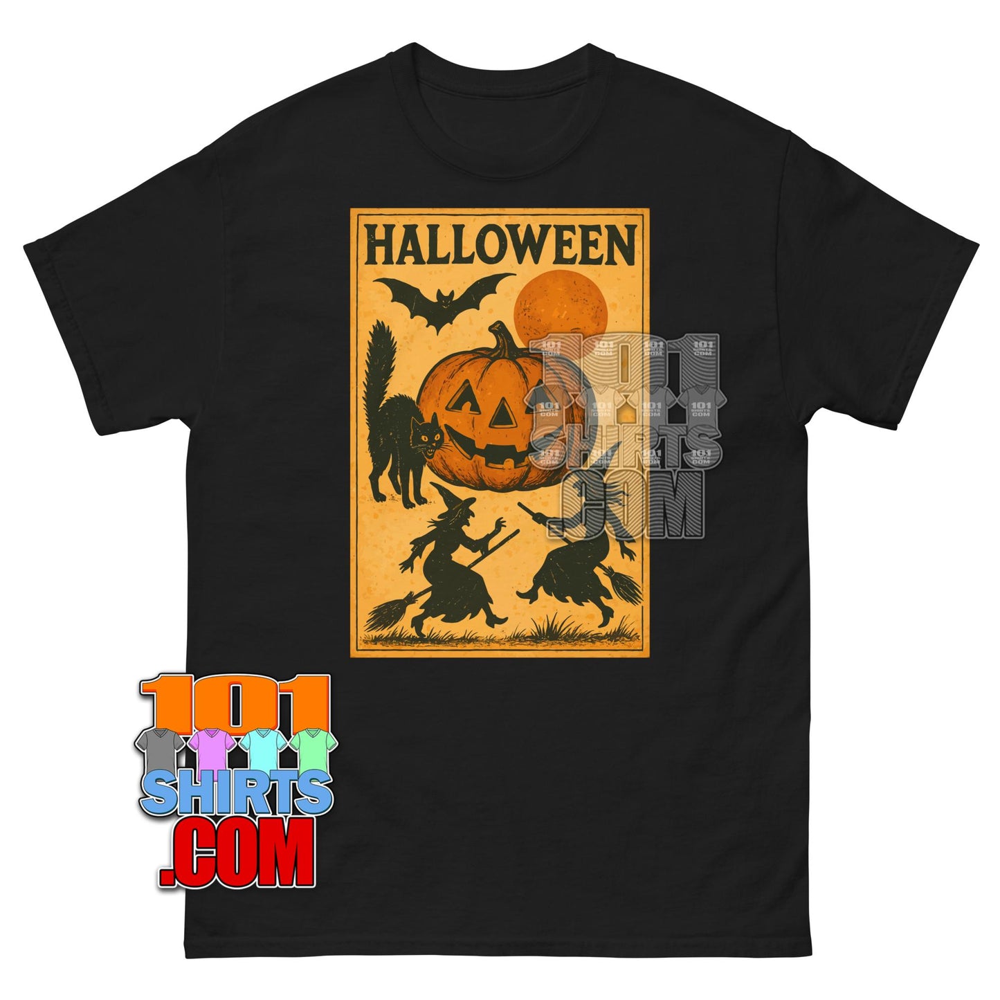 Vintage Halloween Shirt Jack O Lantern Witch Cat Bat Retro Gift Tee