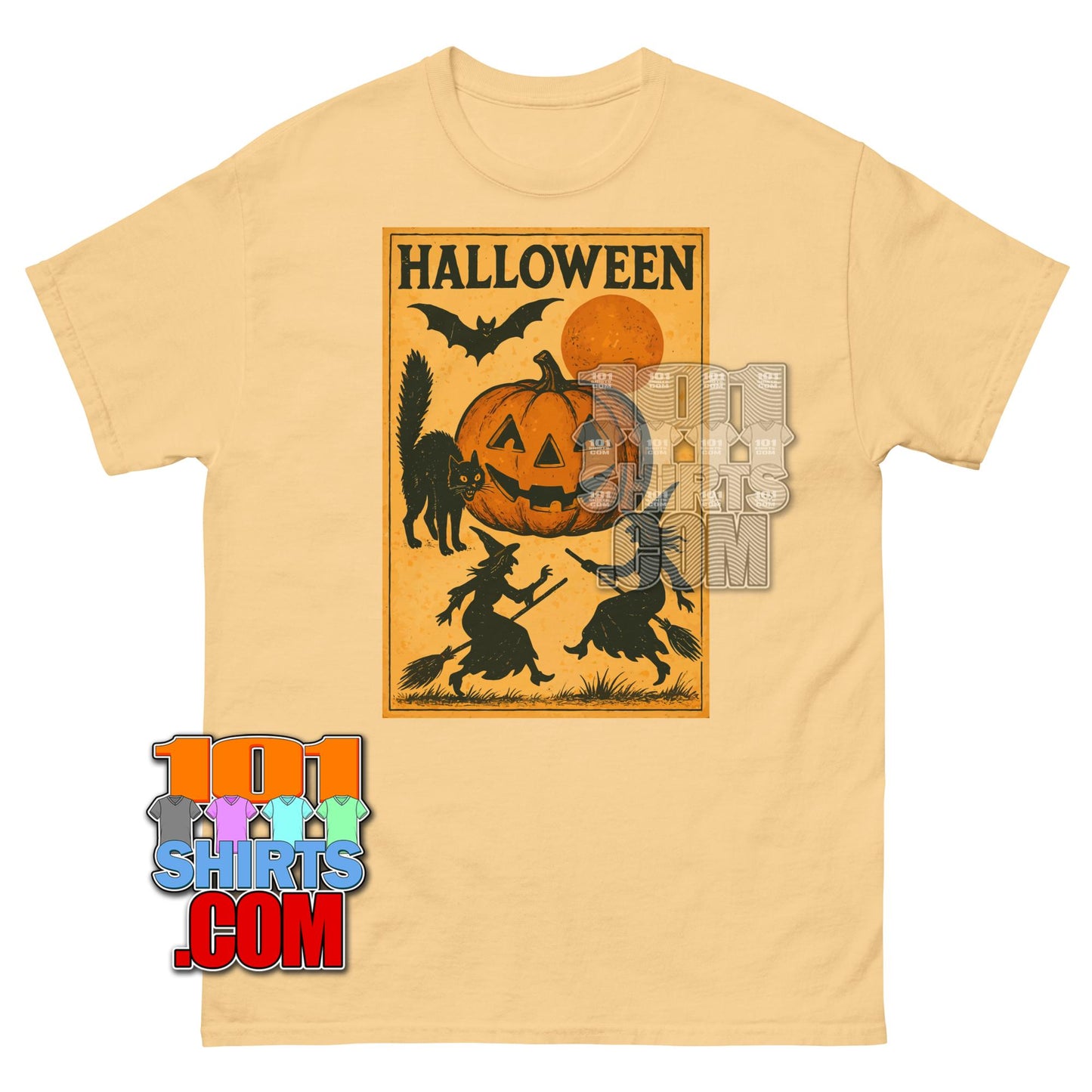 Vintage Halloween Shirt Jack O Lantern Witch Cat Bat Retro Gift Tee
