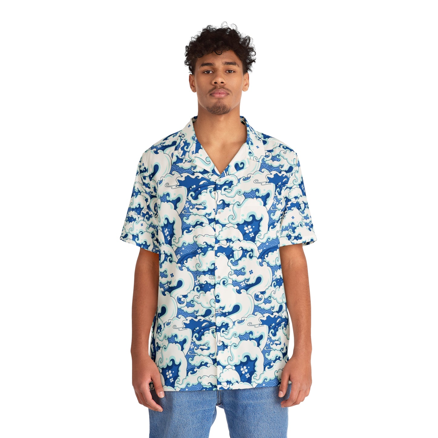 Printify Japanese ocean wave aloha shirt Hawaii Hemd with blue and white wave pattern worn by male model