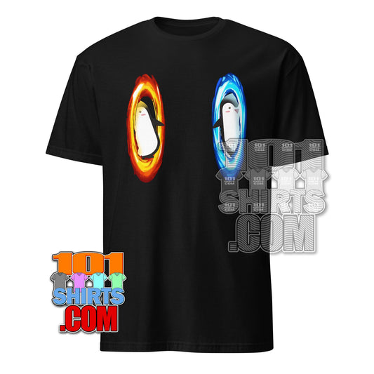 Black 101SHIRTS dimension portal penguin tee with red and blue fiery portal penguin graphics