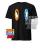 Black 101SHIRTS dimension portal penguin tee with red and blue fiery portal penguin graphics