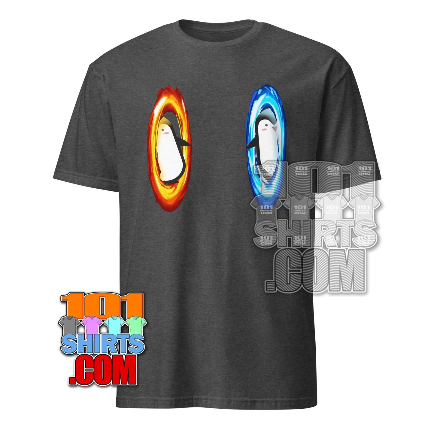 Dimension portal penguin tee by 101SHIRTS featuring two penguins in red and blue portal designs on a dark gray t-shirt