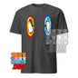 Dimension portal penguin tee by 101SHIRTS featuring two penguins in red and blue portal designs on a dark gray t-shirt