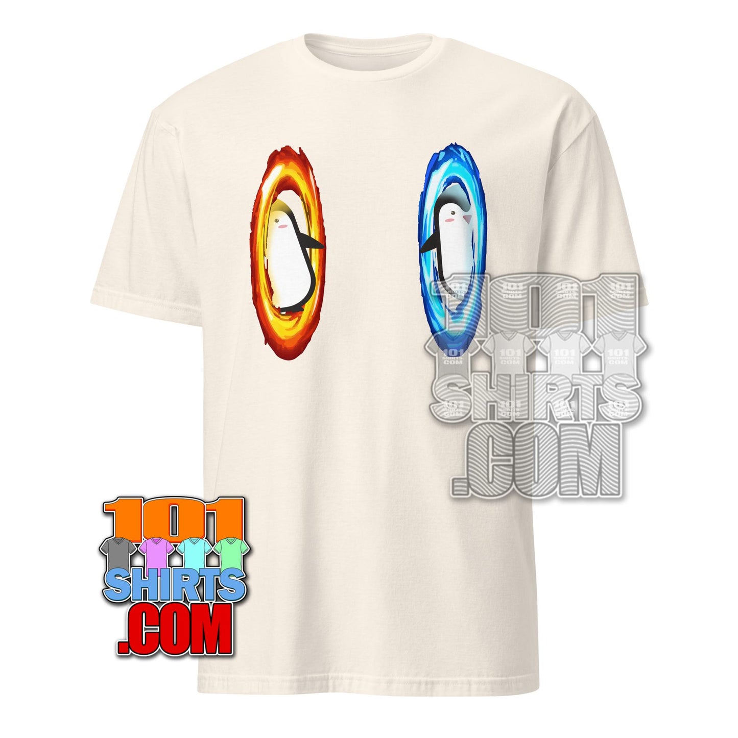 101SHIRTS dimension portal penguin tee with orange and blue portal designs on white T-shirt