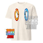 101SHIRTS dimension portal penguin tee with orange and blue portal designs on white T-shirt