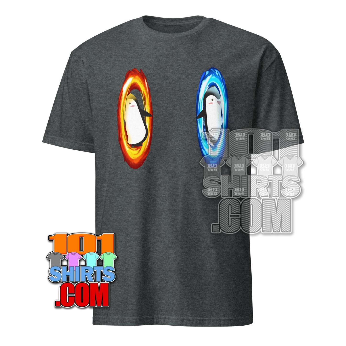 Dimension portal penguin tee from 101SHIRTS with colorful red and blue portal designs on charcoal gray fabric
