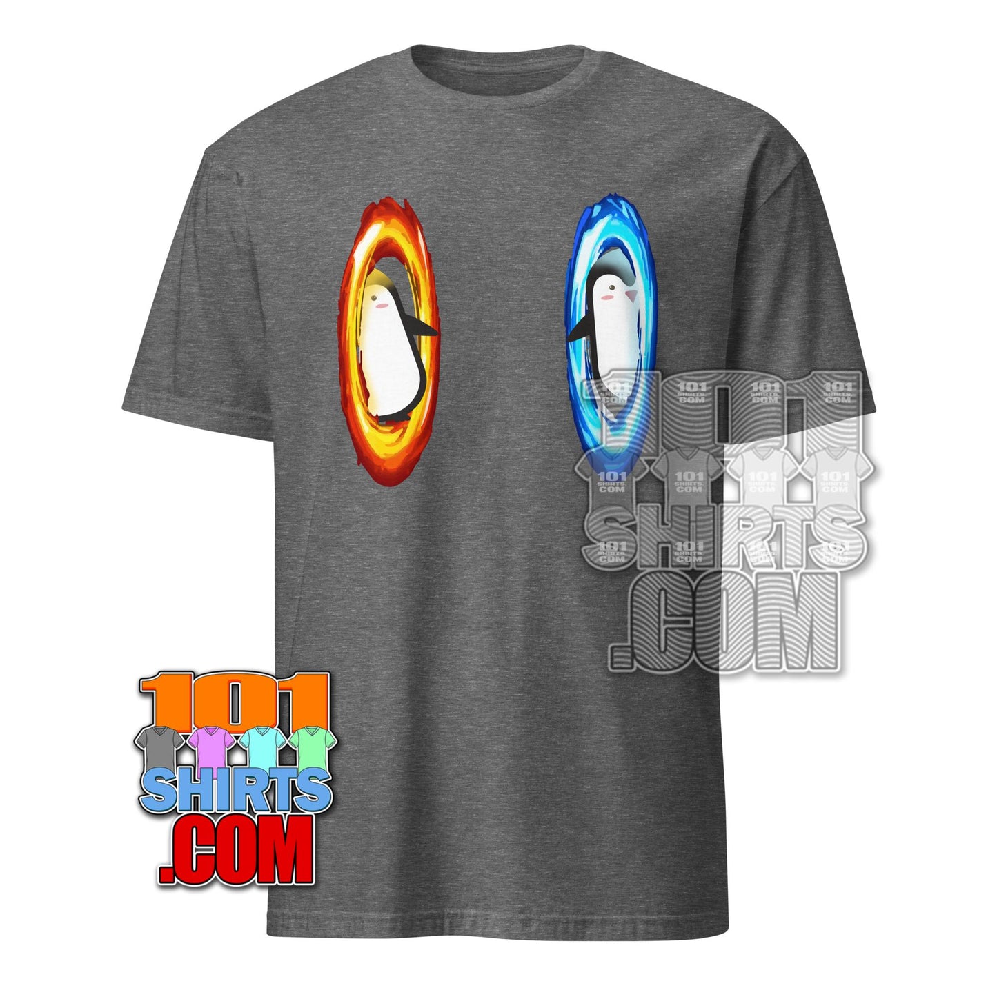 Gray dimension portal penguin tee with penguins entering red and blue portals from 101SHIRTS