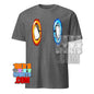 Gray dimension portal penguin tee with penguins entering red and blue portals from 101SHIRTS