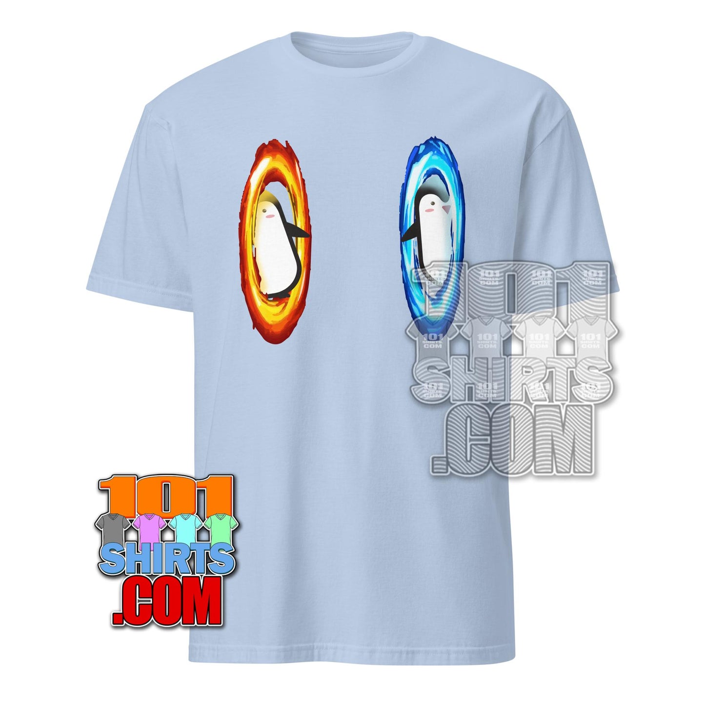 Light blue dimension portal penguin tee by 101SHIRTS featuring penguins in red and blue portal designs