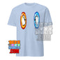 Light blue dimension portal penguin tee by 101SHIRTS featuring penguins in red and blue portal designs