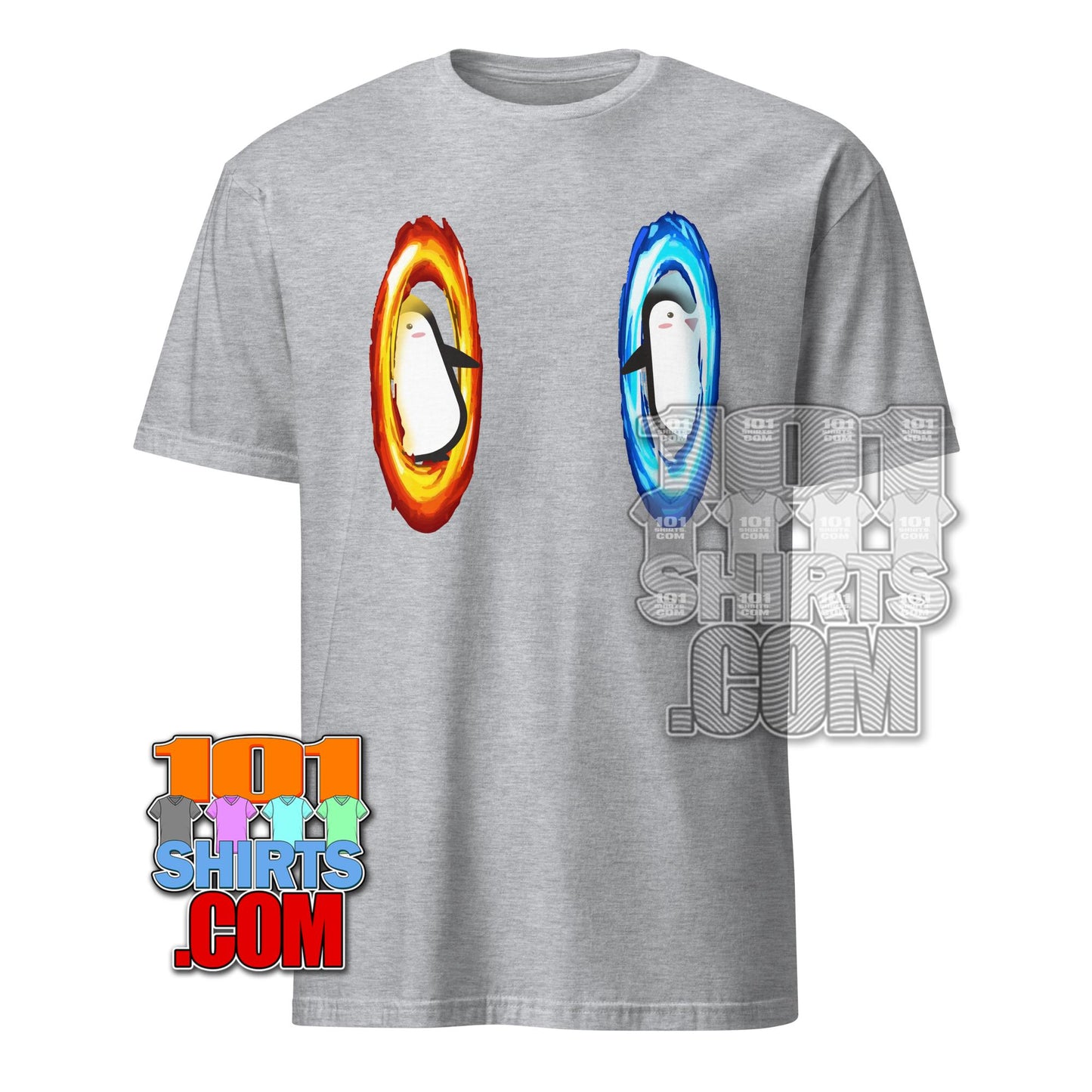 Gray dimension portal penguin tee with red and blue portal designs on front by 101SHIRTS