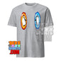 Gray dimension portal penguin tee with red and blue portal designs on front by 101SHIRTS
