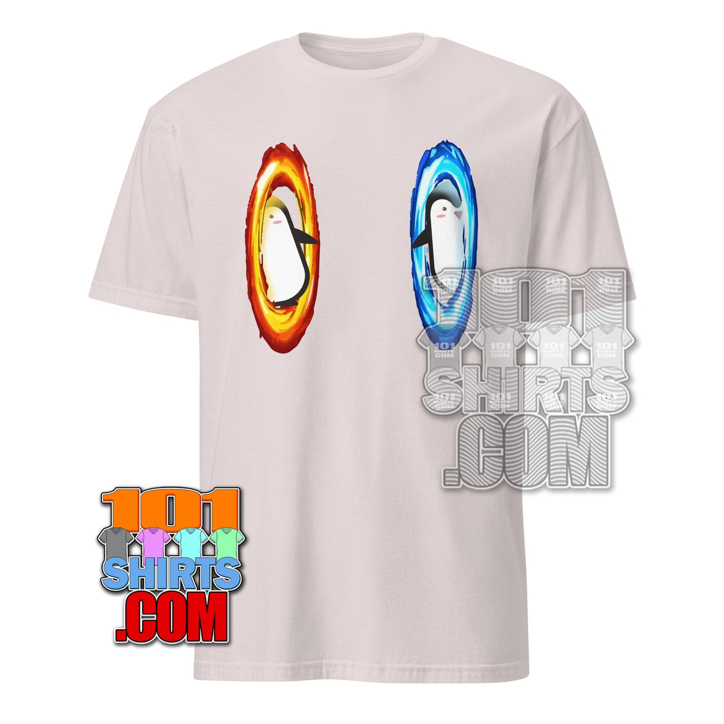 White dimension portal penguin tee featuring penguins jumping through red and blue portals